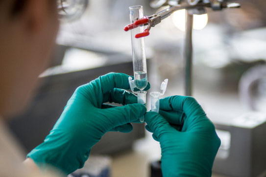 Científico trabajando con guantes verdes en el laboratorio